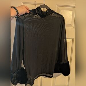 Express Black Sheer Top with Fur Cuffs